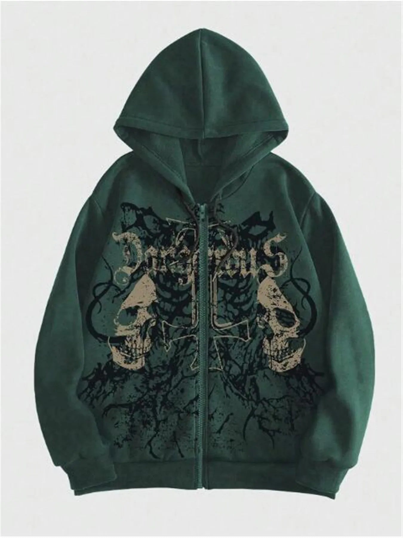 Black men's hooded sweatshirt with a white skull hot stamp print on the chest.