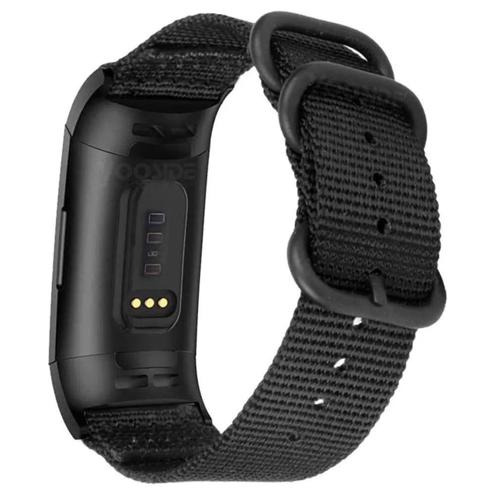 Nylon three-ring buckle replacement strap for Fitbit Charge fitness tracker in multiple colours.
