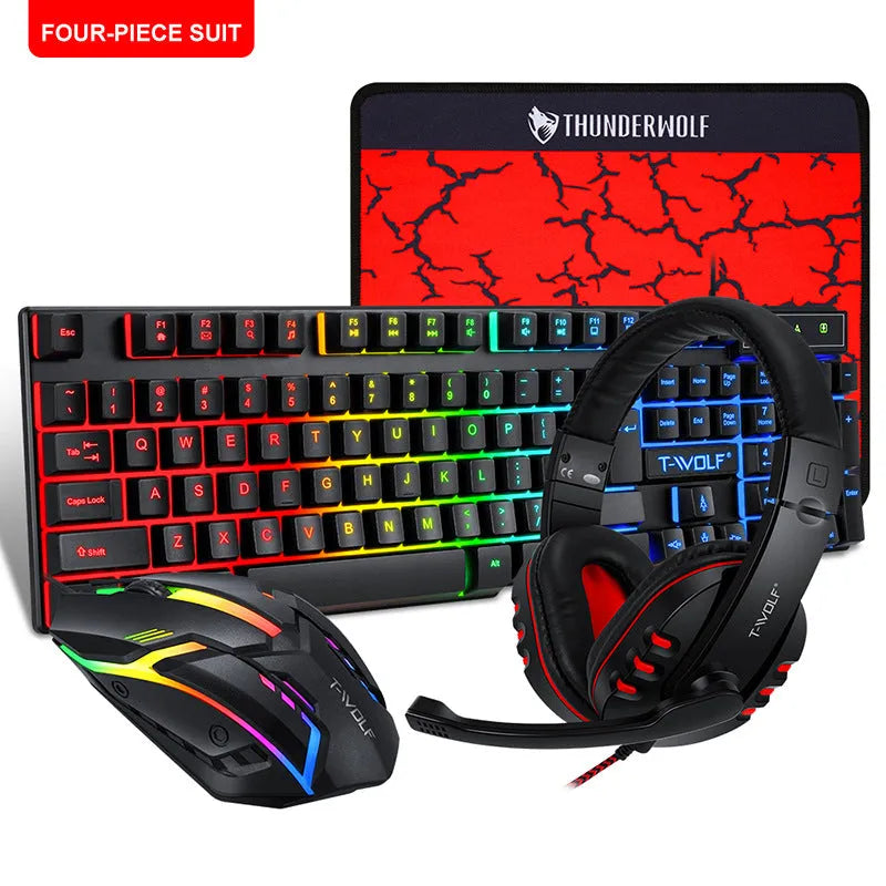 Wired USB keyboard and mouse bundle with gaming headset and mouse pad on desktop
