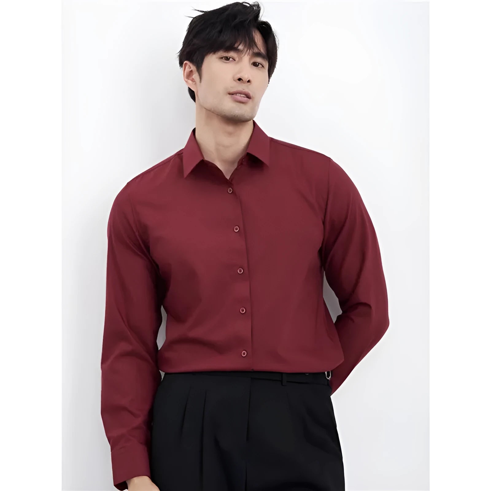 Men's wine red slim fit business shirt with long sleeves and non-iron treatment