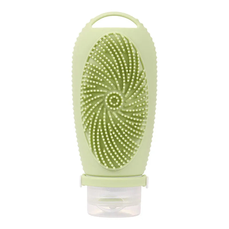 Silicone bath brush storage bottle in various colours showing 100ml capacity for bathroom organisation.