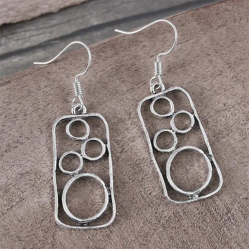 Round ring earrings with geometric irregular square design in antique silver finish