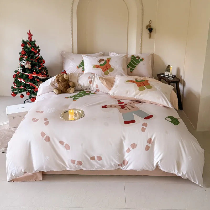 Christmas style four-piece bedding set with Gingerbread Man cartoon print on super soft washed cotton