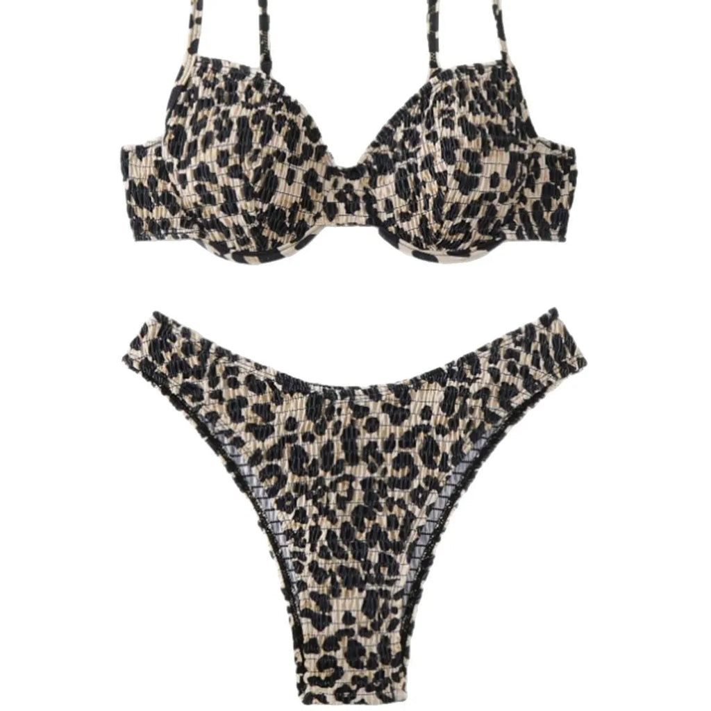 Women's leopard point bikini swimsuit with backless design in brown mixed colour