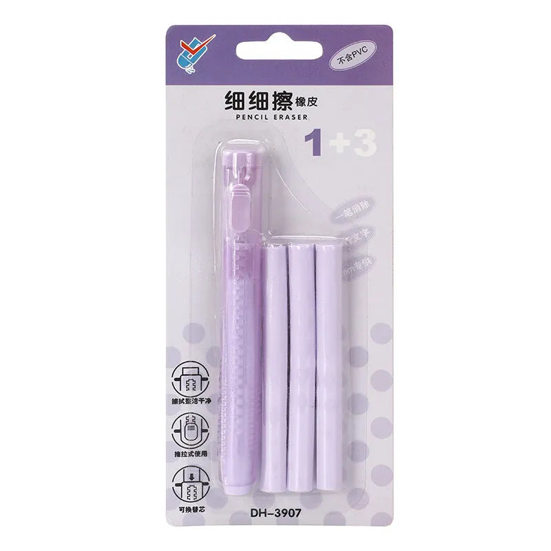 Push-type automatic eraser in four colours: blue, green, pink, purple on white background.