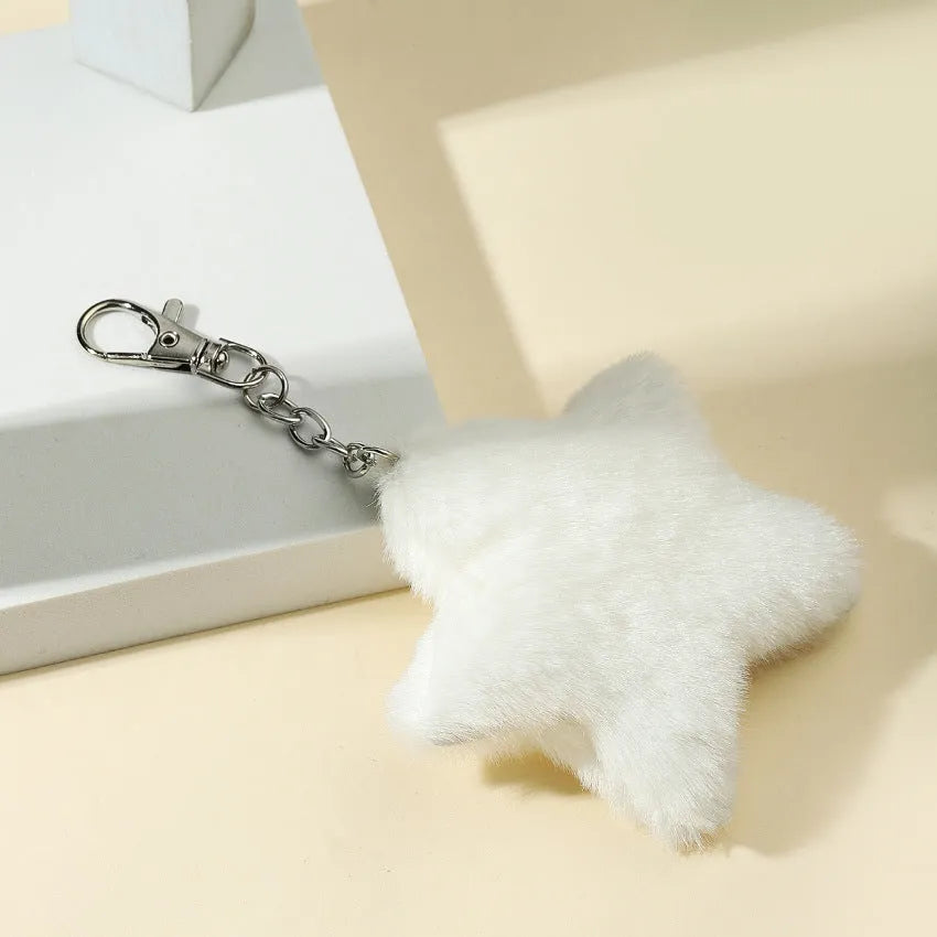 Zinc alloy five-pointed star plush key chain pendant in modern simple style, front view