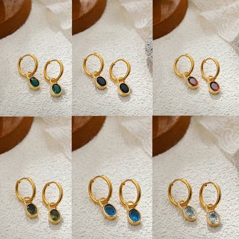 Women's retro oval zircon copper earrings in geometric design showing six colour options