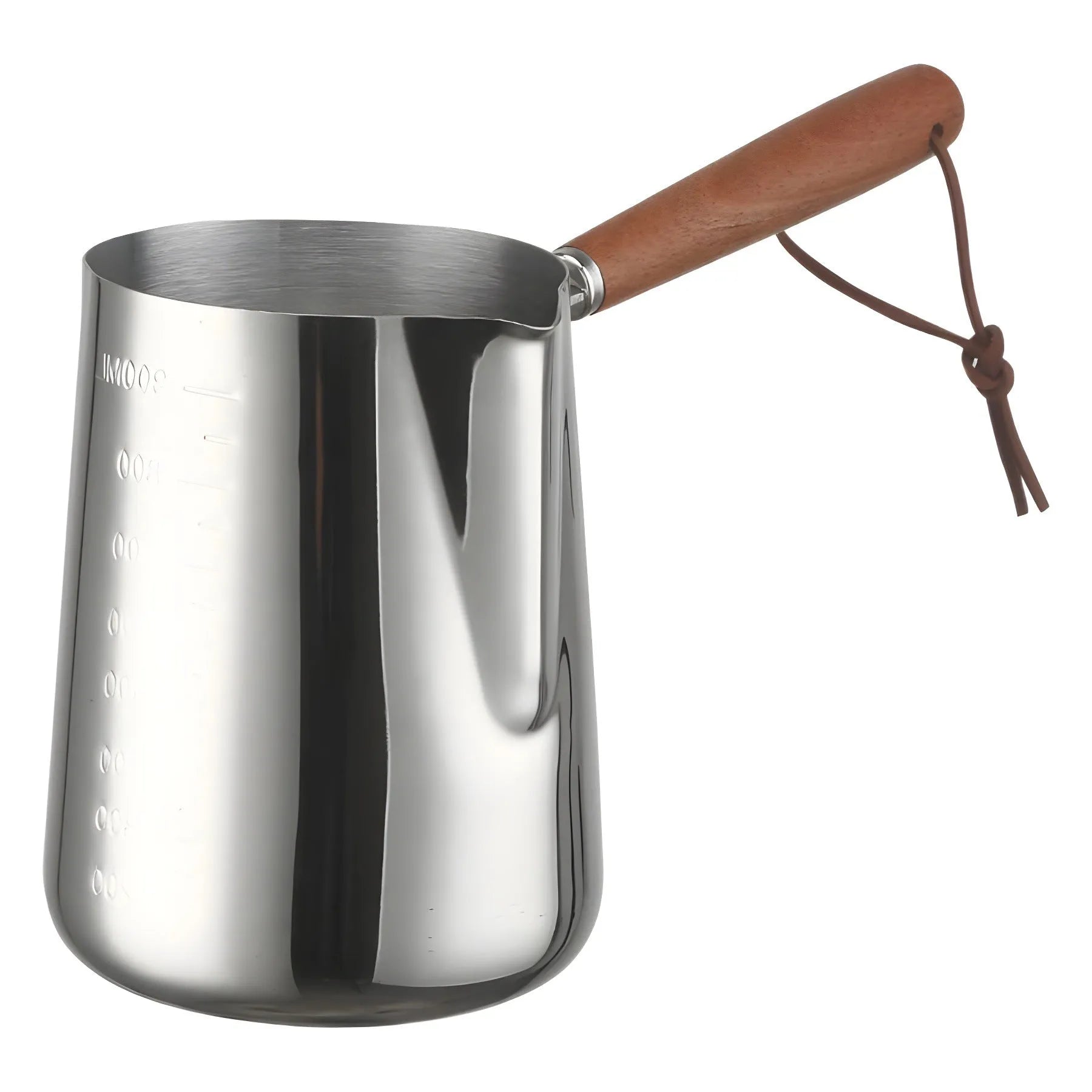Stainless steel coffee cup with volume measurement scale and wooden handle in three capacity sizes