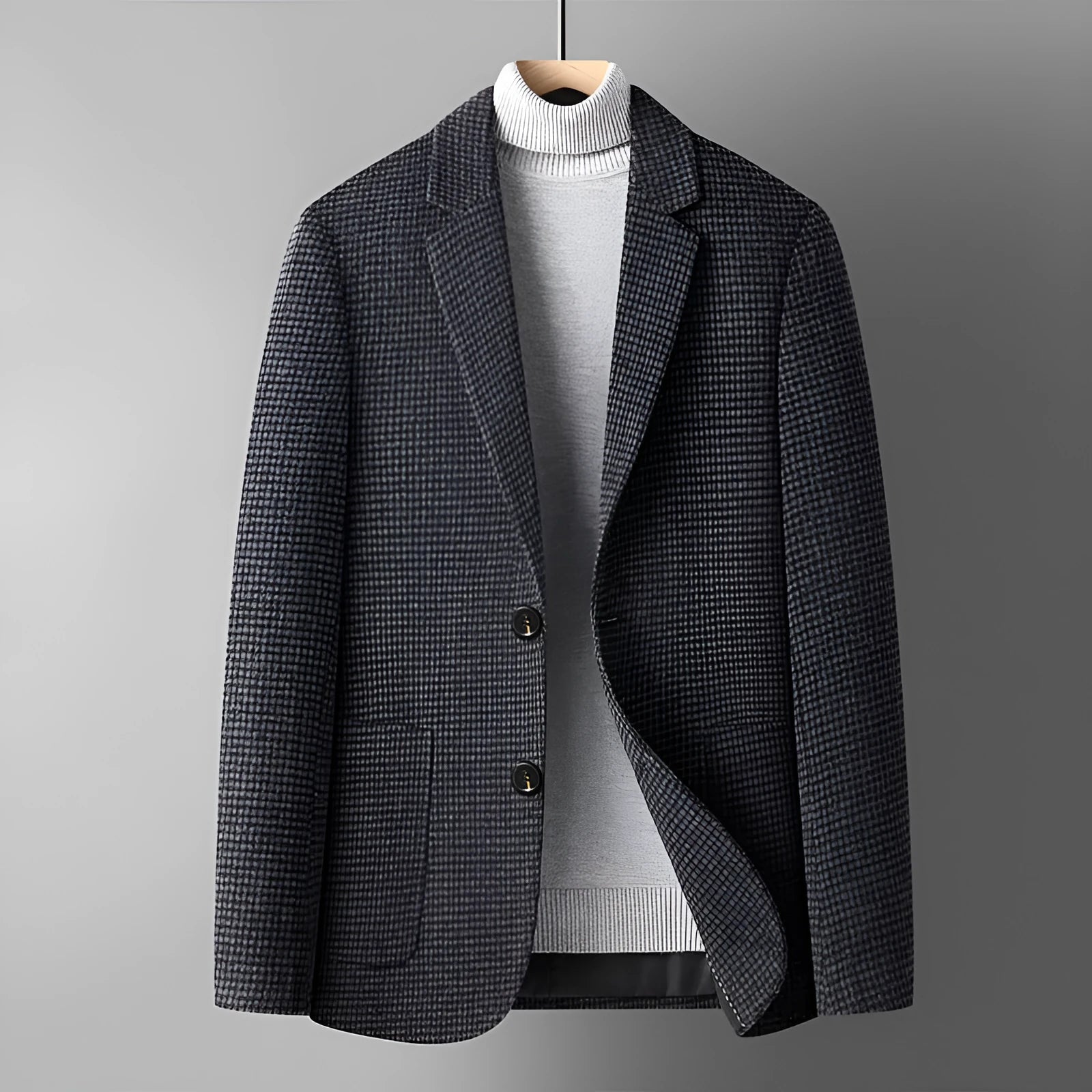 Men's slim-fit wool suit jacket in grey, shown on a hanger.