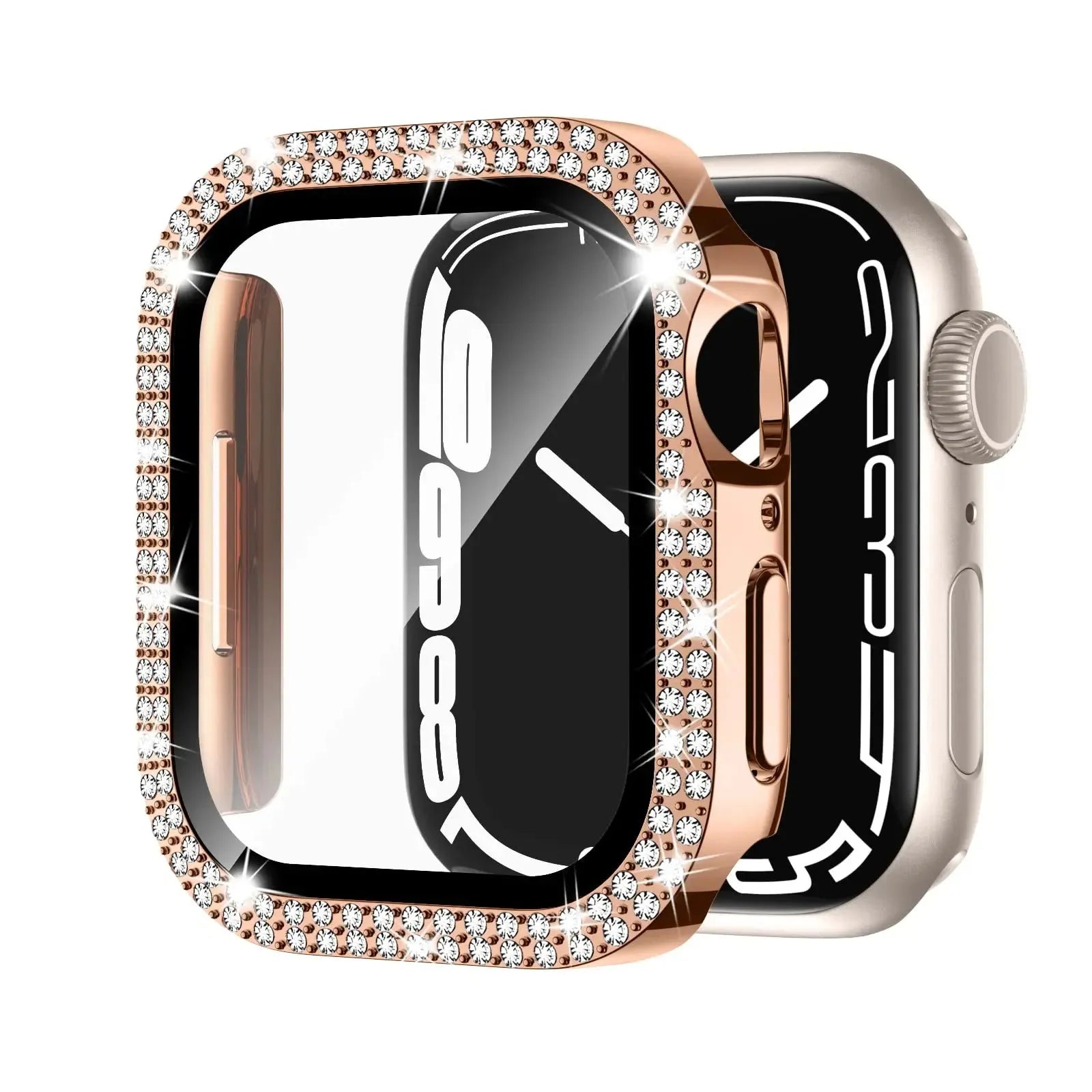 Apple Watch case with double diamond glass screen protector in rose pink colour for a 44mm model.
