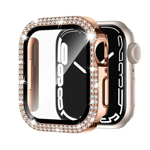 Apple Watch case with double diamond glass screen protector in rose pink colour for a 44mm model.