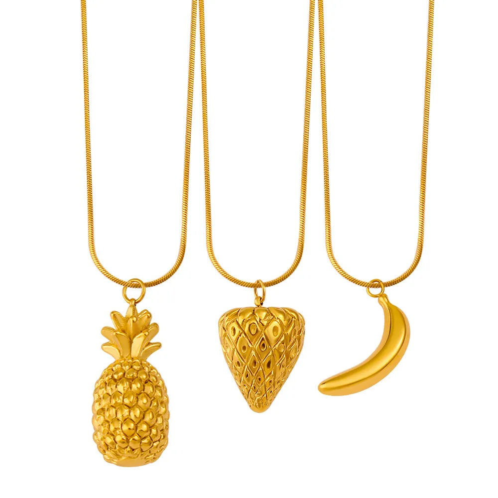 Stainless steel necklace with fruit pendants: apple, grape, watermelon, banana, pineapple, strawberry.