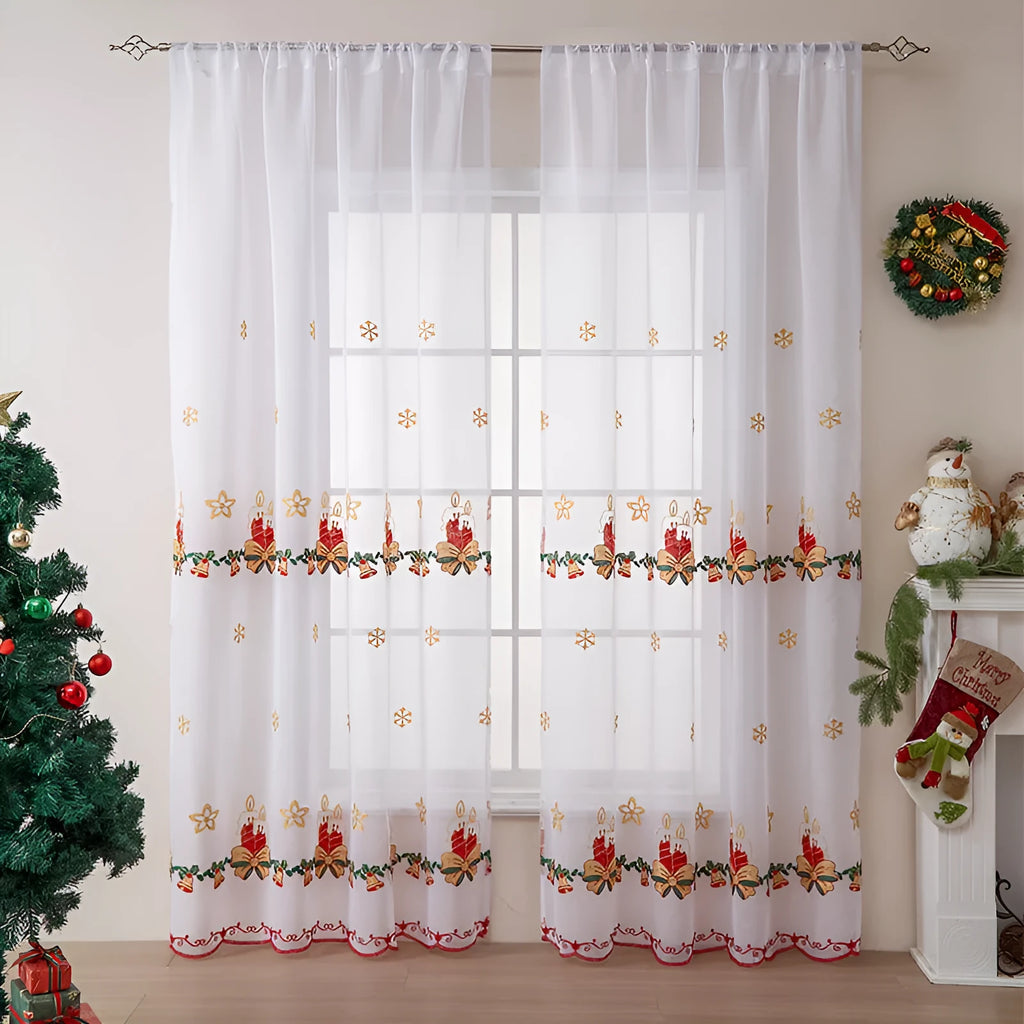 Pair of red and white Christmas curtains with embroidered snowflake pattern