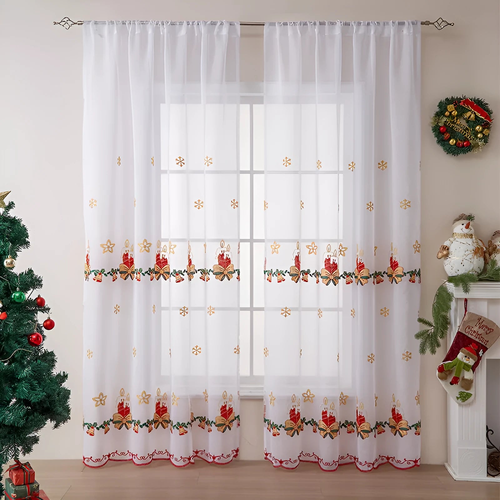 Pair of red and white Christmas curtains with embroidered snowflake pattern