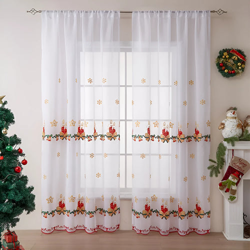 Pair of red and white Christmas curtains with embroidered snowflake pattern