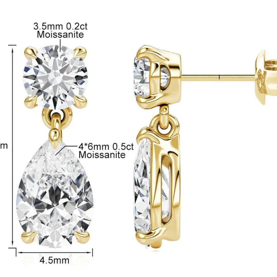 Women's sterling silver geometric stud earrings with round and water drop moissanite stones.