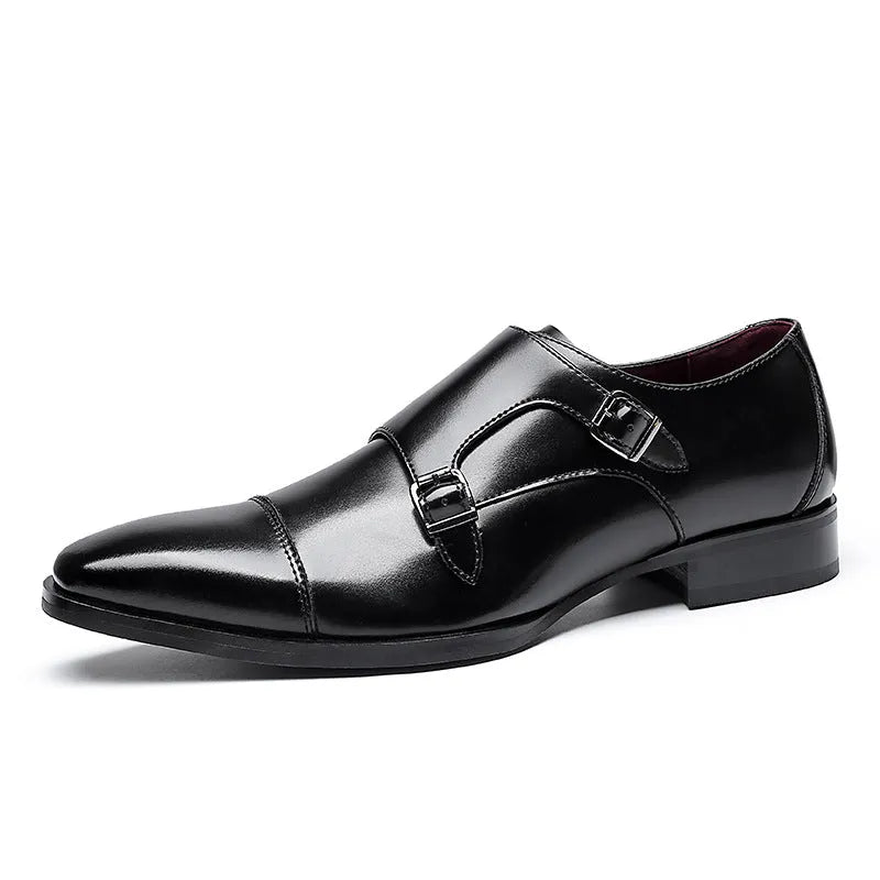 Men's black British style leather business shoes with square toe design and rubber sole