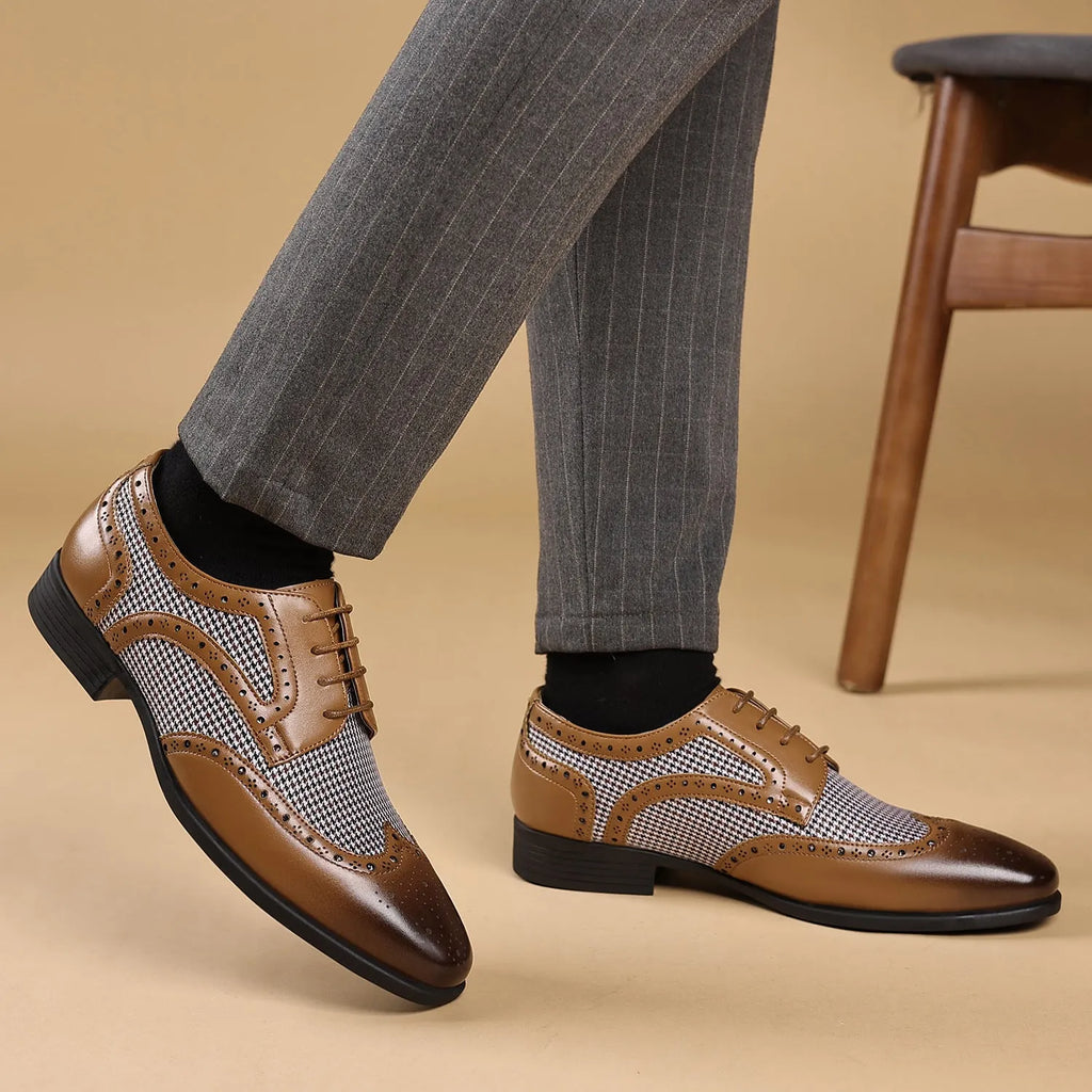 Men's black houndstooth pattern casual leather shoes with square toe and lace-up front.