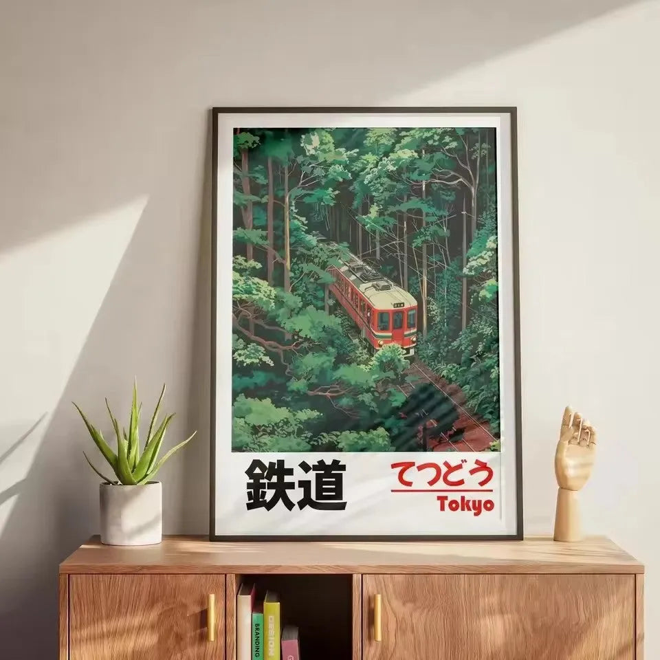 Retro Japanese landscape canvas print of a railway scene, unframed wall art