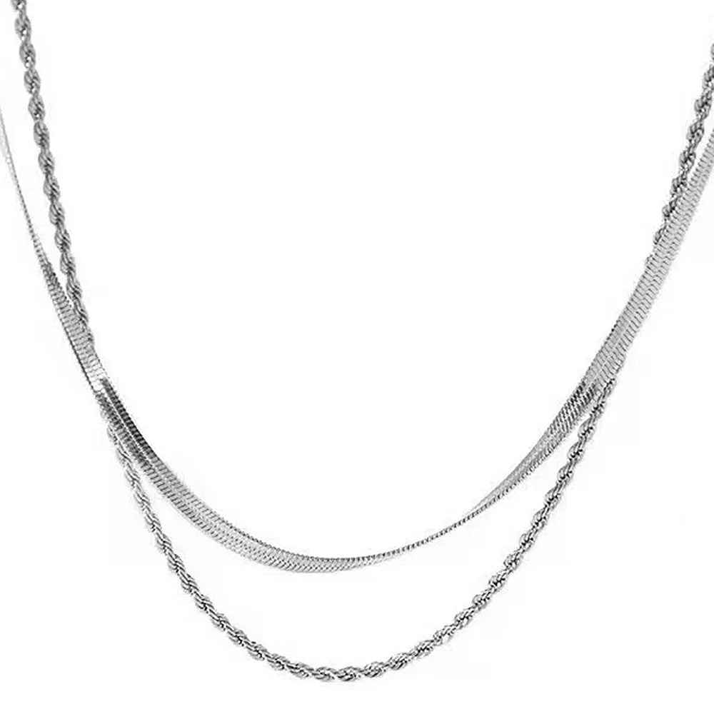 Stainless steel double-layer twist necklace with snake bones chain and geometric titanium steel pendant