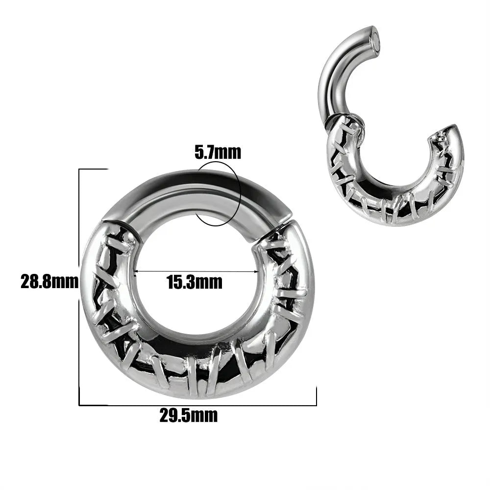 A pair of silver fashion earrings featuring a detailed totem pattern design on a stainless steel base.
