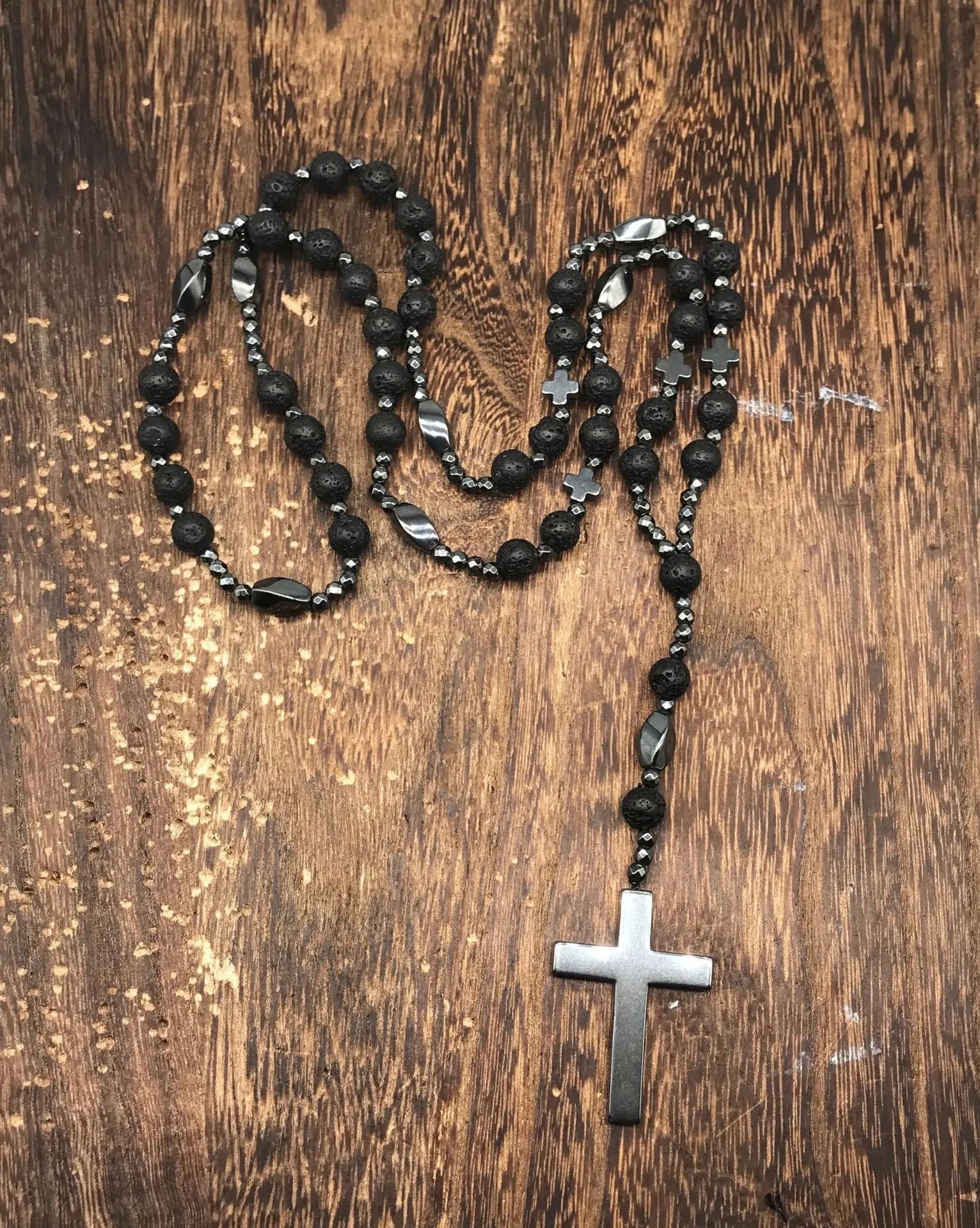 Men's stone cross pendant necklace with ball bead chain and safety lock clasp