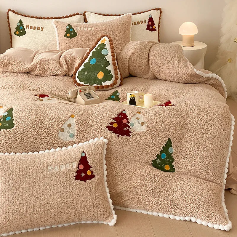 Bright yellow Christmas tree cartoon pattern fleece-lined four-piece bedding set with embroidery