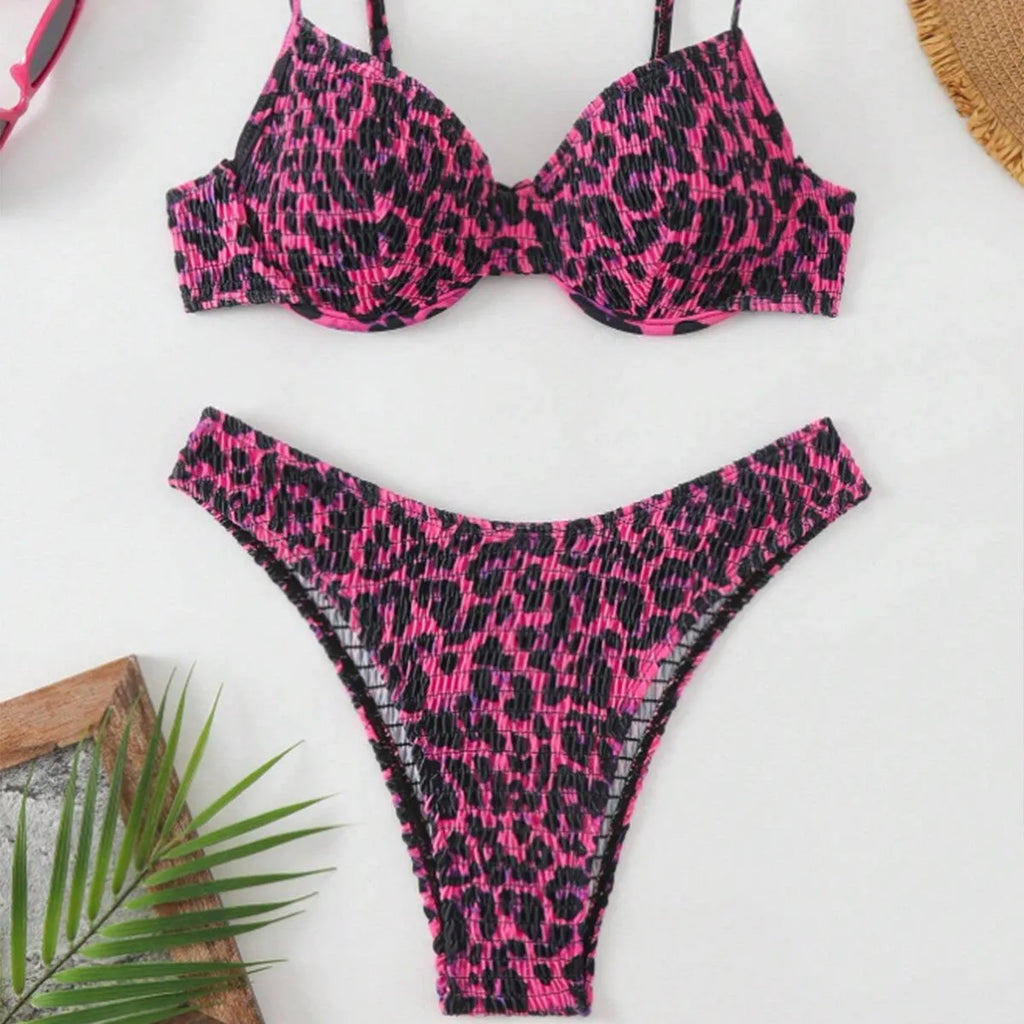 Women's leopard point bikini swimsuit with backless design in brown mixed colour