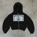 Black loose fit hoodie zipper jacket with letter pattern and zipper pockets for men and women