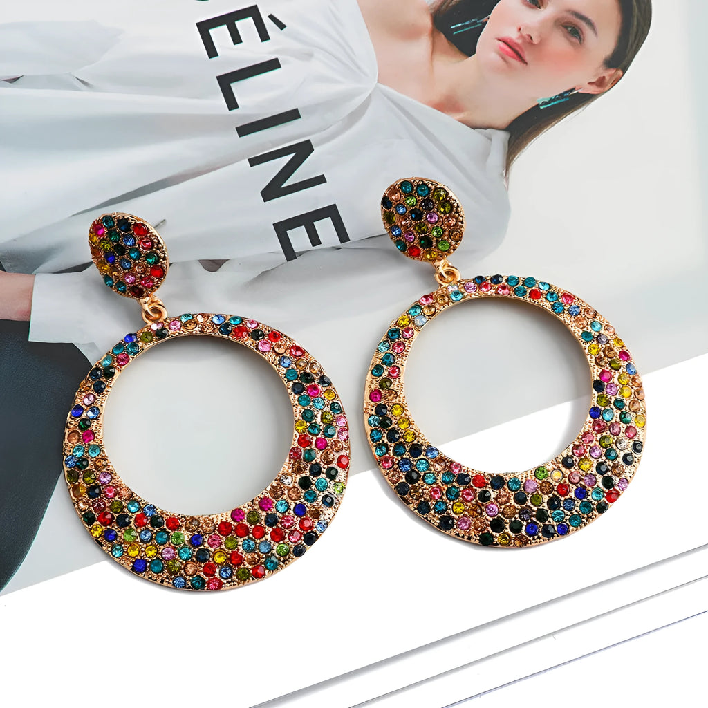 Large round pendant earrings with colourful diamond cartoon designs on metal alloy