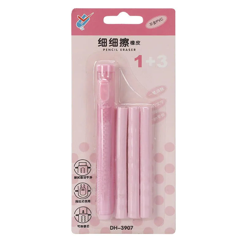 Push-type automatic eraser in four colours: blue, green, pink, purple on white background.