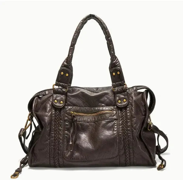 Women's retro shoulder messenger bag in soft PU leather with internal compartments and weaving detail