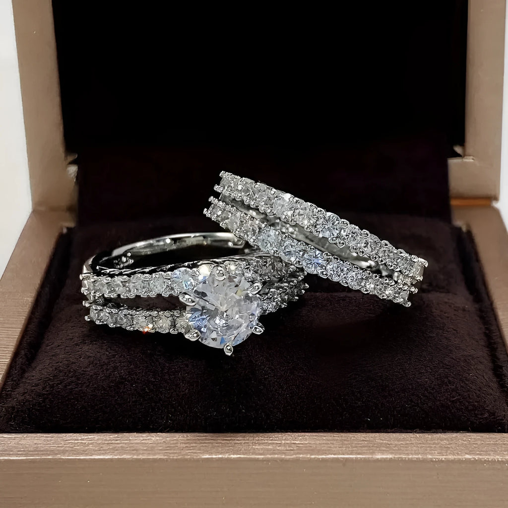 Women's geometric alloy ring set in silver, gold, or rose gold with round elements