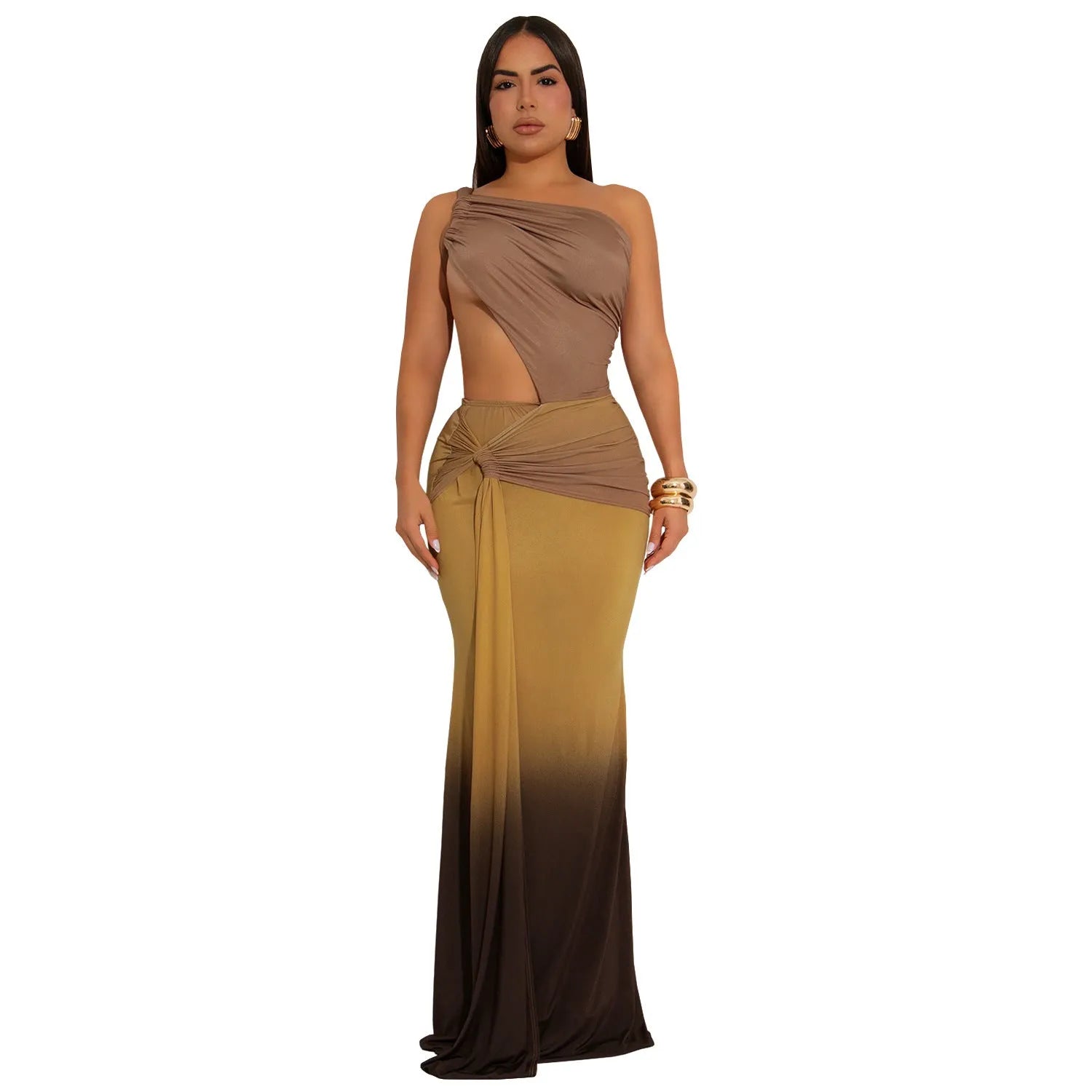Women's gradient colour cross-shoulder summer dress in polyester, shown in a high-waist long skirt style.