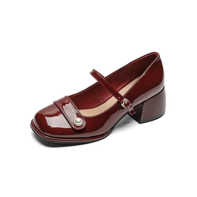 Women's patent leather chunky heel ankle boots with buckle fastening and square toe in three colour options