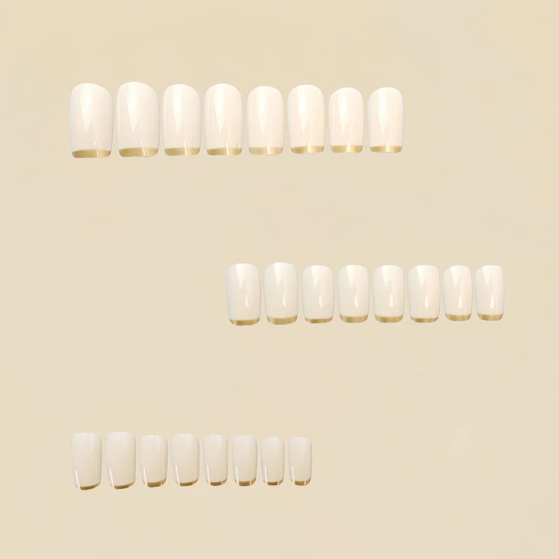 Mid-length European square nail art patch with white French tip and golden edge on a natural nail