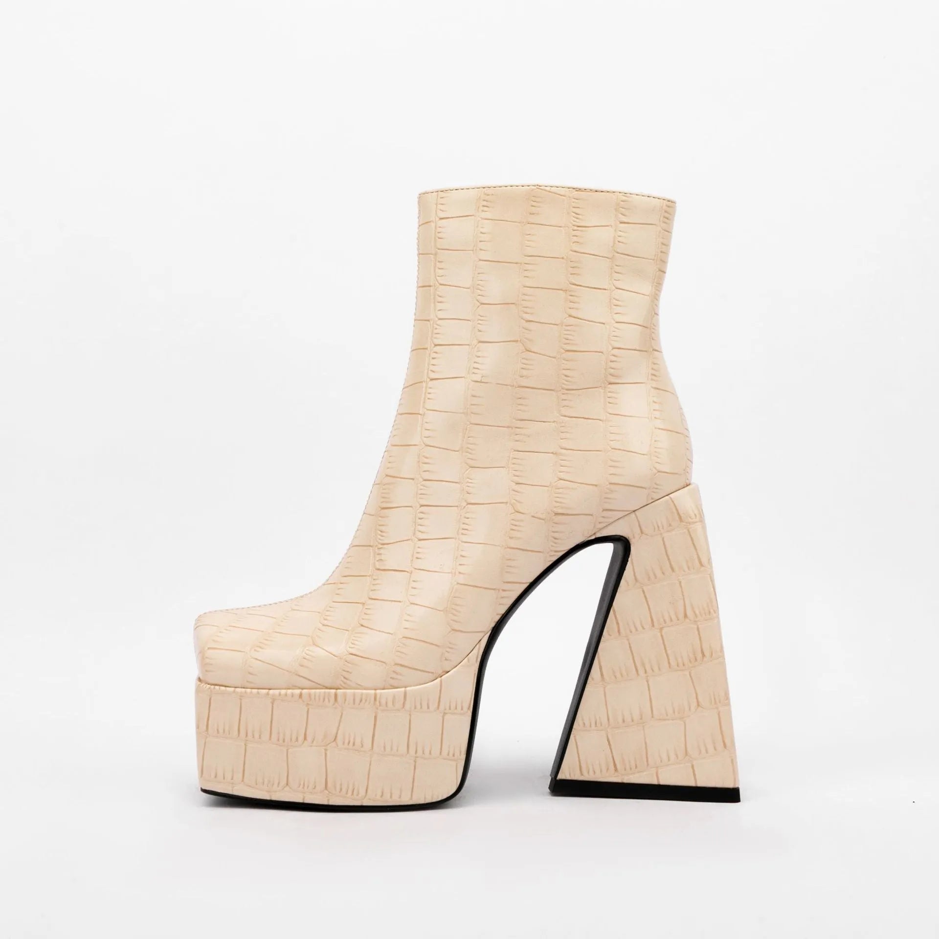 Women's artificial PU ankle boots with a super high heel in beige, shown on a foot.
