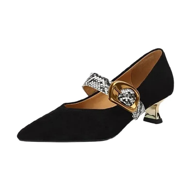 Women's black pointed toe stiletto high heels with a buckle strap on the instep