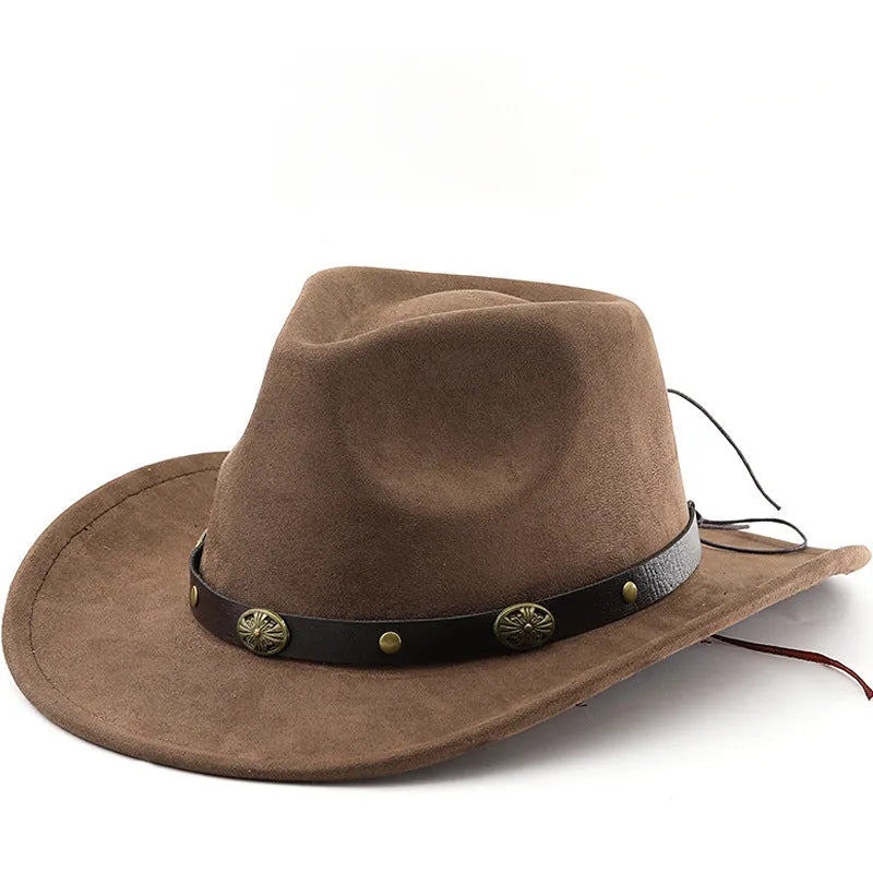 Brown leather velvet curved edge Western cowboy hat with a conical crown on a table.