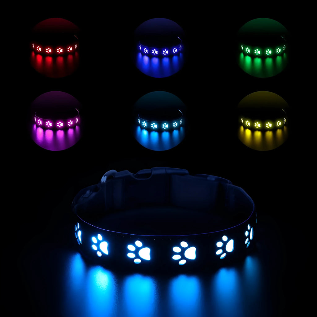 LED luminous cat collar with dog paw print design showing 7 colour-changing lights on a polyester strap.