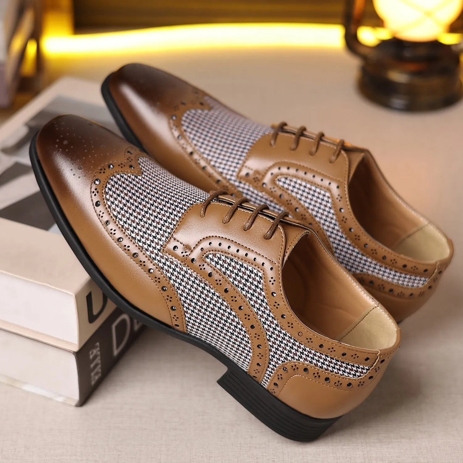 Men's black houndstooth pattern casual leather shoes with square toe and lace-up front.