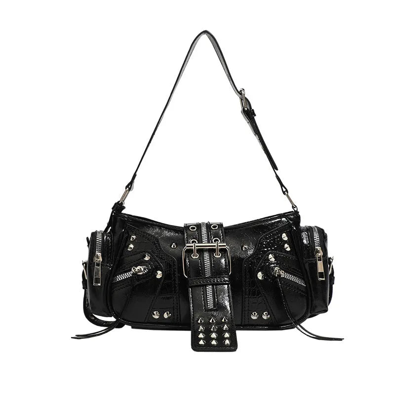Black retro oil wax leather handbag with dumpling shape and internal organisation compartments