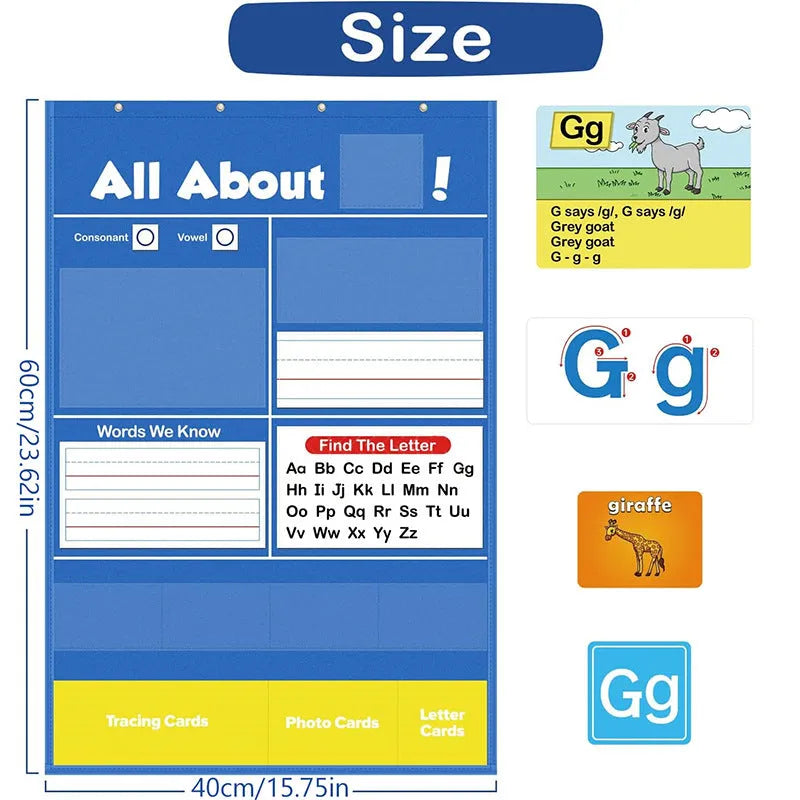 Children's alphabet learning sleeve chart with word cards, letter cards and picture cards