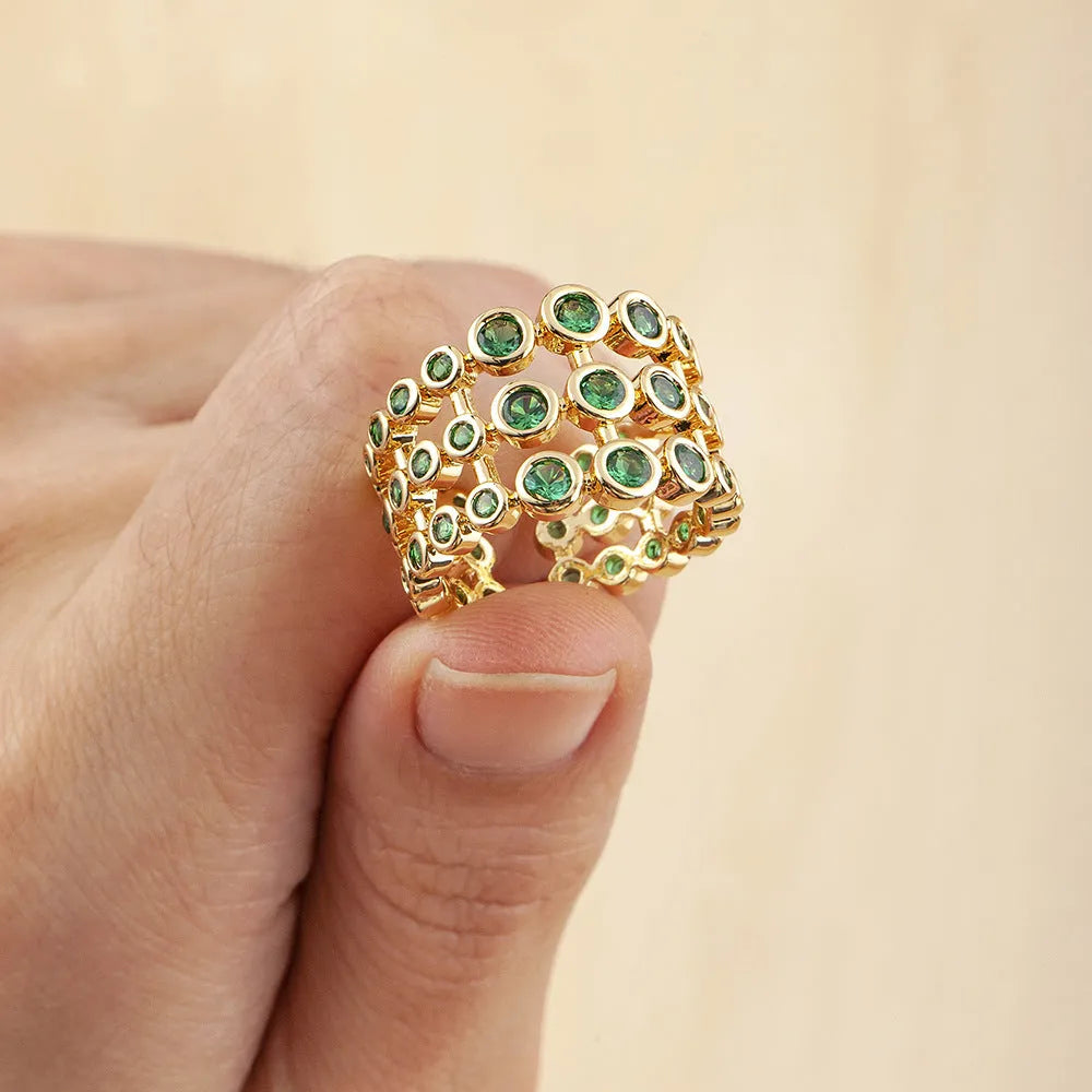 Copper ring with 18K gold three-layer plating and green zircon detailing on wide band