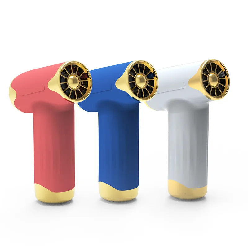 Blue handheld wireless portable fan with brushless motor on a table.