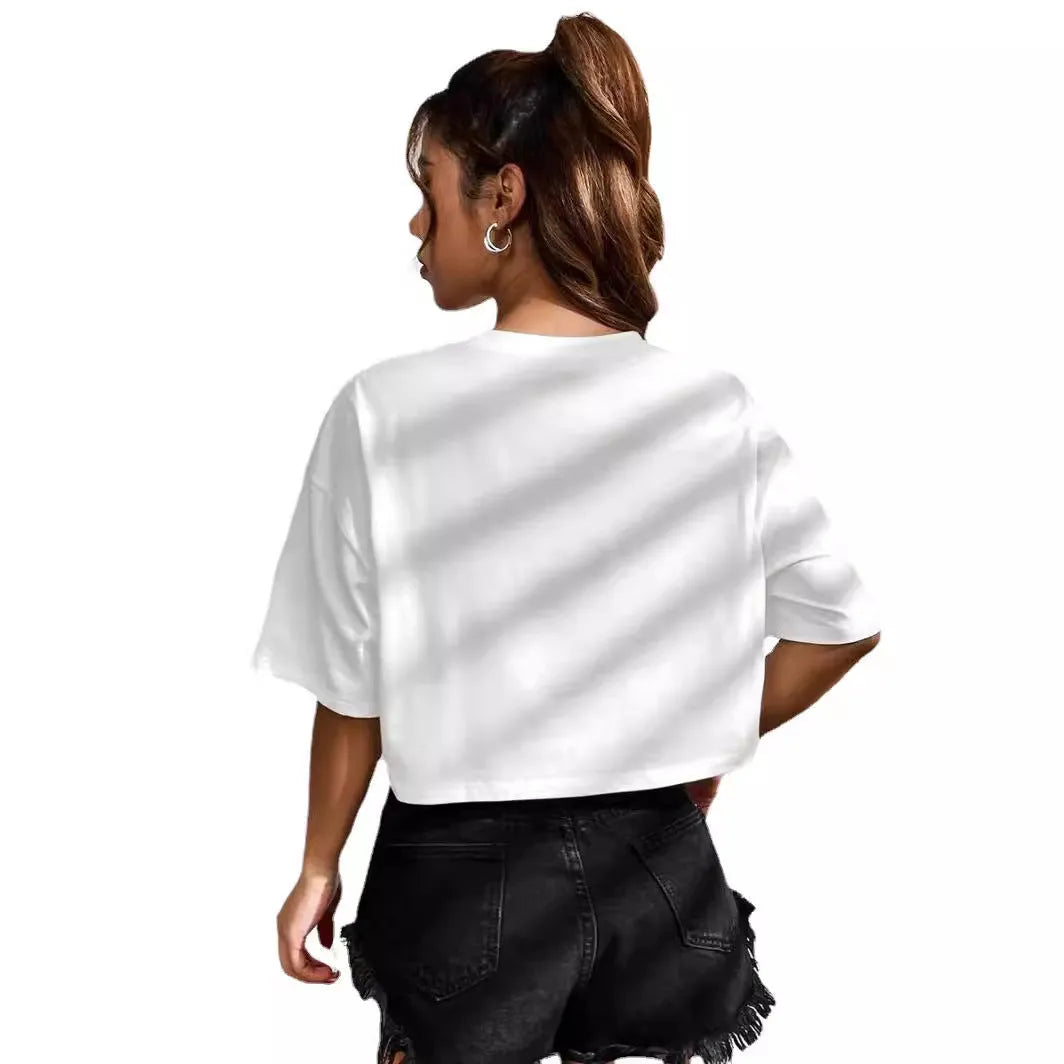 Women's personalised cotton T-shirt with custom English letters in loose Korean casual crop style