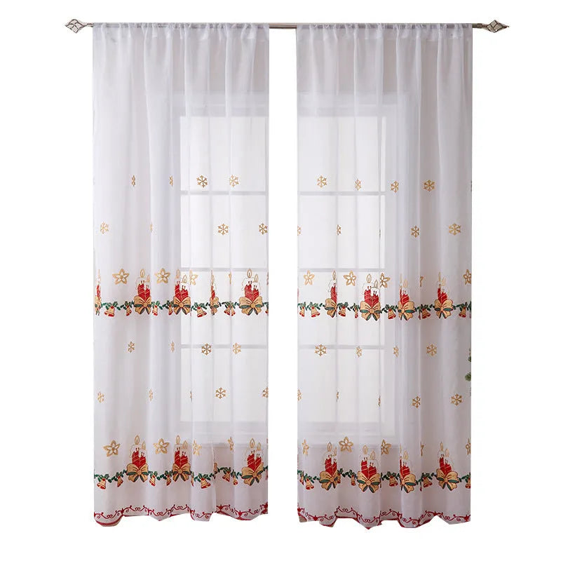Pair of red and white Christmas curtains with embroidered snowflake pattern