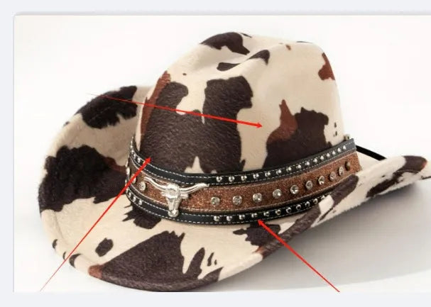Brown leather velvet curved edge Western cowboy hat with a conical crown on a table.