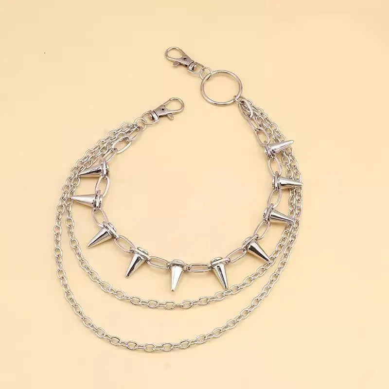 Silver metal trousers chain with double layer design and rivet detailing for punk hip hop style