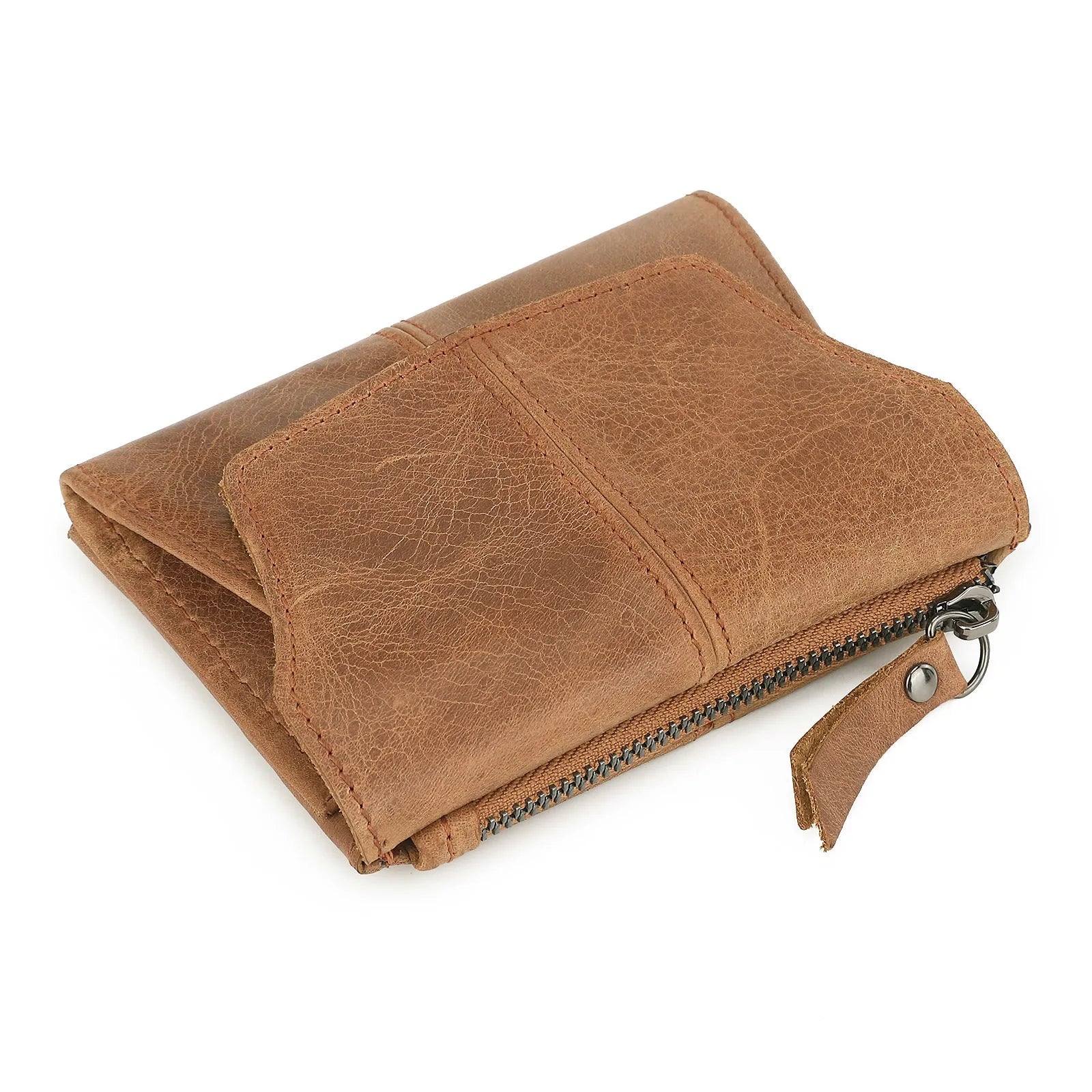 Genuine leather coin purse with stitching details in brown colour showing RFID protection feature